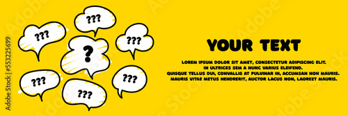 Banner with question what, how, why, what and where. Business web banner. Place for your text. Ask and question mark sign. Communication inclusion people concept. Vector illustration.