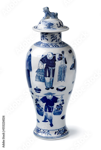 Traditional Chinese blue and white jar with cover isolated on white background