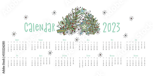 Calendar 2023 horizontal poster, doodle stylized stars decoration and Christmas tree.