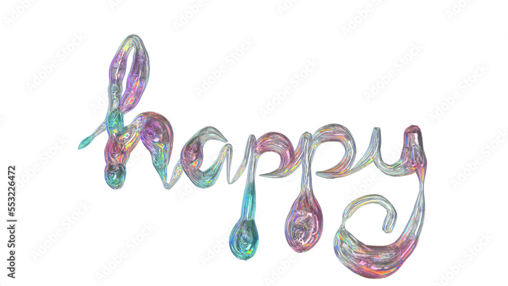 3D illustration of the word happy, like colored glass.