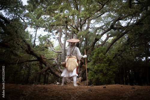 shugendo monk standing and praying in front of large pine tree, el hierro, spain, canary islands photo