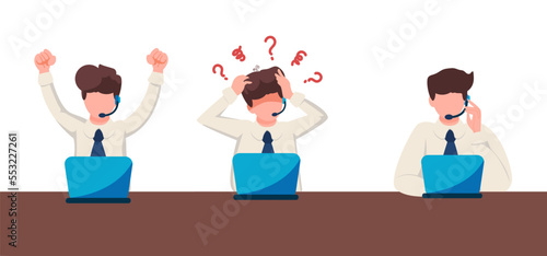 set of emotions stress frustrated dizzy angry happy and serious working male worker sitting at table with laptop