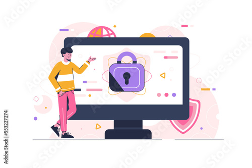 A man with shield and lock on the screen. Anti virus software, anti-malware, spyware, trojan, adware as internet security concept. Security concept vector modern flat illustration