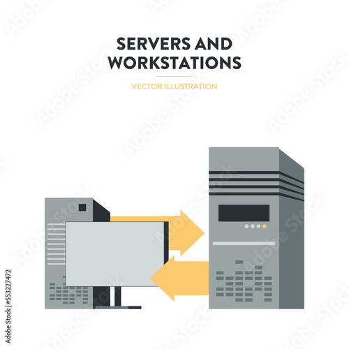 Vector illustration of server and workstation with arrows. Illustration of computer and monitor connected with a server. Represents a concept of the internet, an online connection, network.