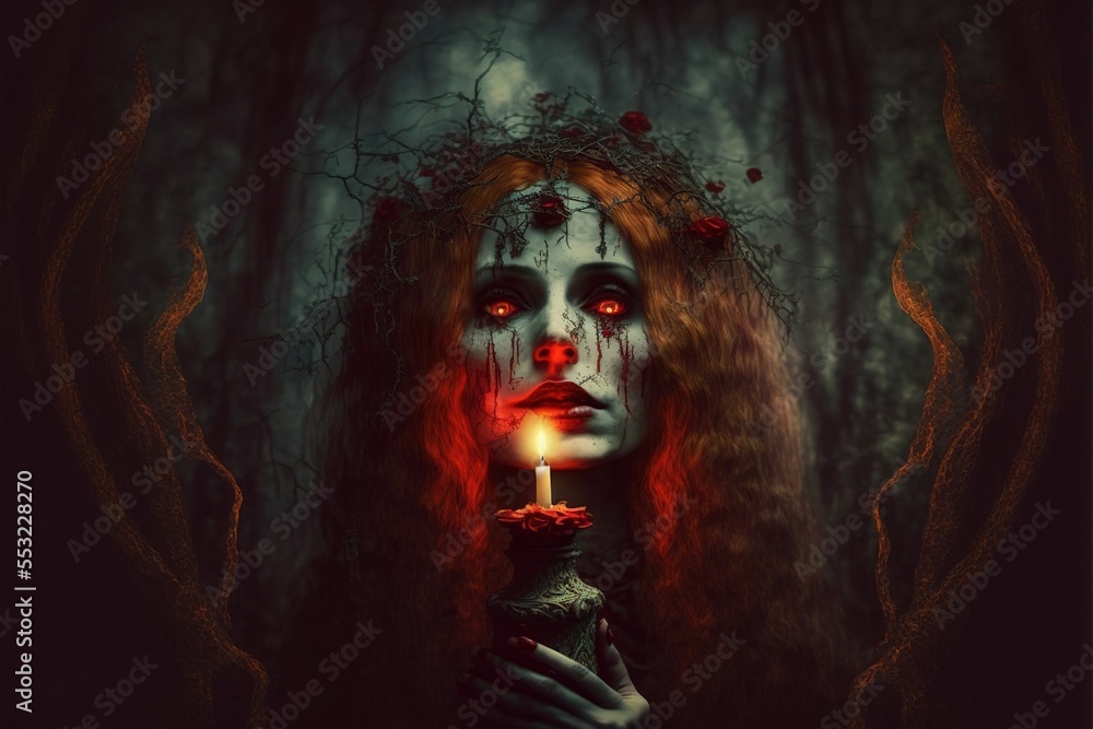 Woman witch on dark background with candle. Negative. Halloween.