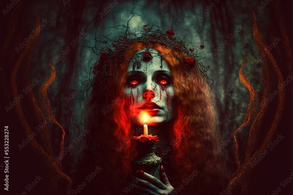 Fototapeta premium Witch with a candle on dark background. Woman Negative. Witch in the forest night halloween.