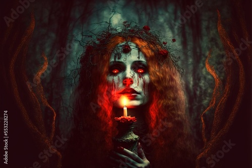 Witch with a candle on dark background. Woman Negative. Witch in the forest night halloween.