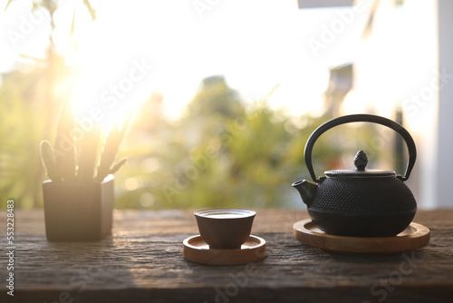 Obraz na plátně Metal black kettle tea pot and small tea cup and plant pot on wooden table outdo