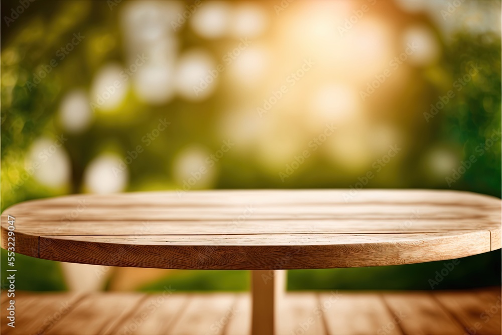 Fototapeta premium defocused bokeh backdrop with a focused foreground table for product display Generative AI
