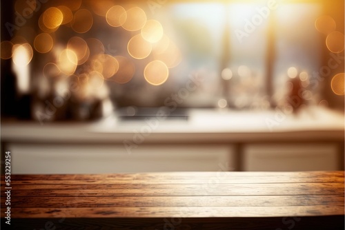 defocused bokeh backdrop with a focused foreground table for product display Generative AI