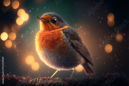 Festive robin bird with bokeh fairylights. Generative Ai © ink drop