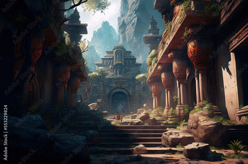 Fototapeta premium fantasy scene ancient ruins, game design inspiration. generative AI
