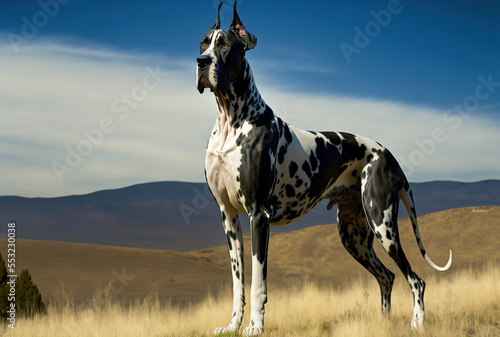 A majestic great Dane dog is standing tall and proud. Generative AI photo