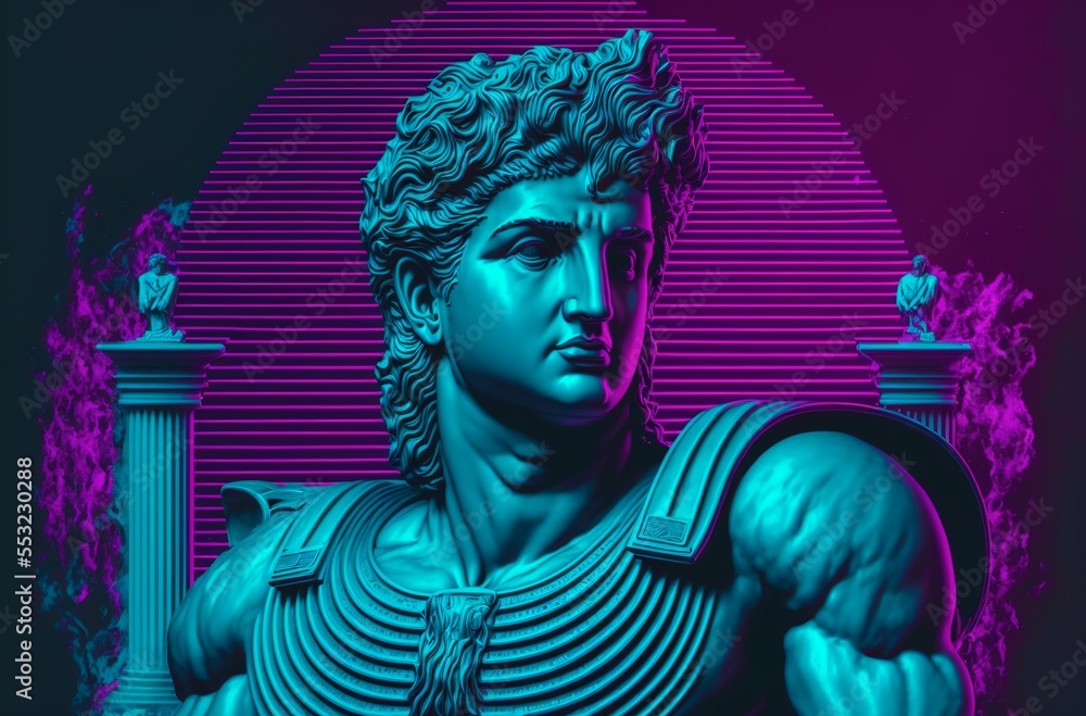 Apollo. Head of an antique sculpture in neon light. Valentine's day. Greek sculpture in modern