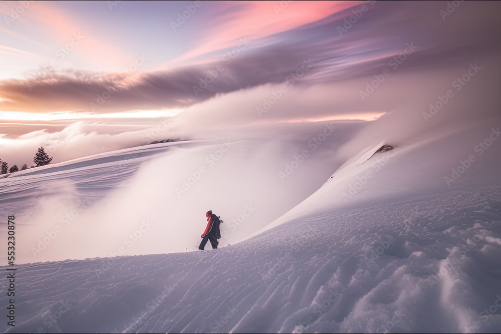 photography of a man walking up a snow covered slope - AI Generated photography of a man walking up a snow covered slope - AI Generated