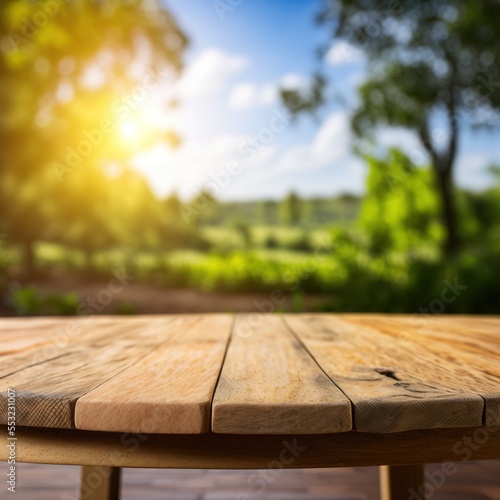 Wooden table with a depth of field background Generative AI Backdrop 