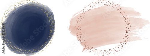 Navy blue and pink watercolor splashes with round glitter confetti frames
