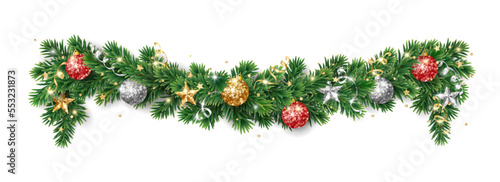 Christmas holiday decoration. Fir tree garland, divider. Gold and red glitter ornaments. Sparkling balls, stars and ribbons.