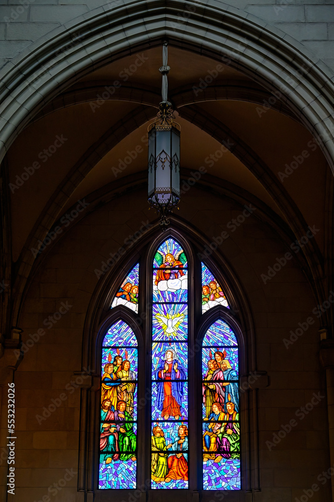 Stained-glass window in Almudena Cathedral, Madrid, Spain