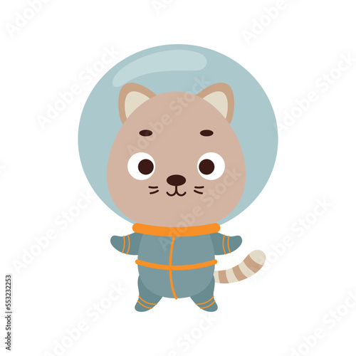 Cute little spaceman cat on white background. Cartoon animal character for kids t-shirts  nursery decoration  baby shower  greeting card  invitation  house interior. Vector stock illustration