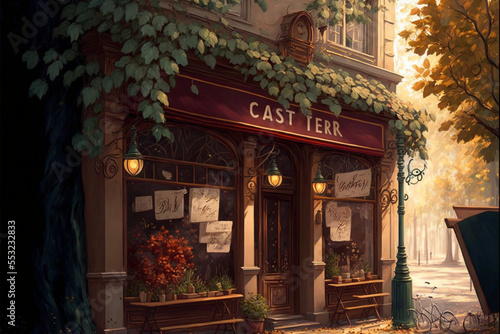 View of old cozy street . Street view with cafe terrace. Coffee shop in the city. Autumn look. Ai llustration, fantasy digital painting,artificial intelligence artwork  © PaulSat
