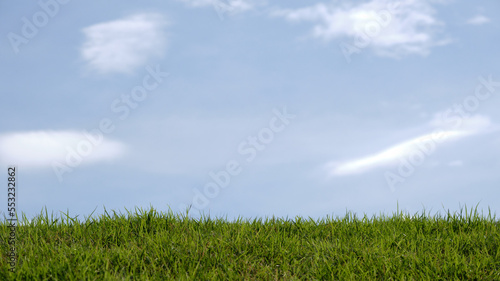 empty green grass foreground with clear blue sky and clouds background