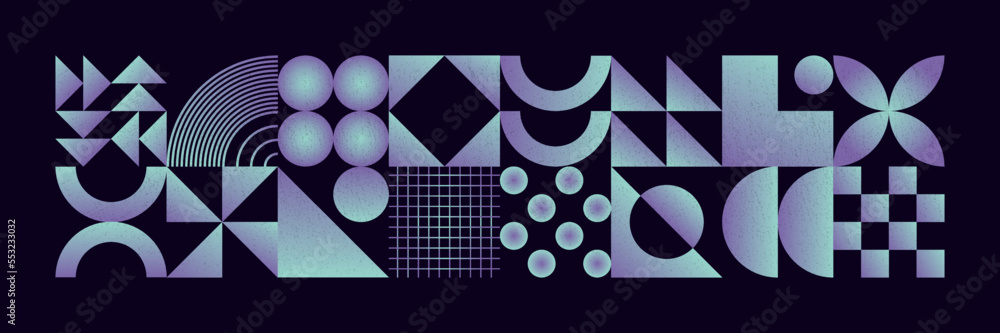 Brutalist style futuristic pattern with gradient geometric shapes, random forms and grain. Abstract vector background with simple figures for graphic design, web art, invitation card, poster, print