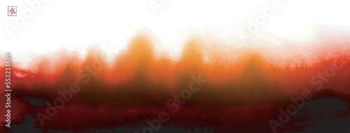 Ink wash painting with fire. Traditional oriental ink painting sumi-e, u-sin, go-hua. Translation of hieroglyph - fire