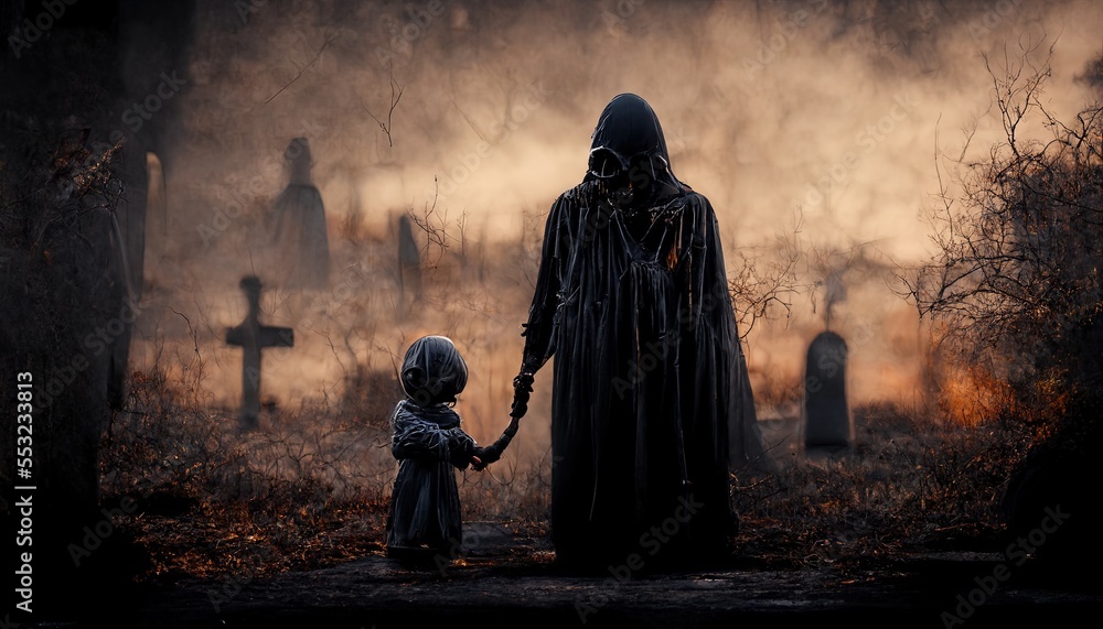 illustration the grim reaper and a little child made with generative ai