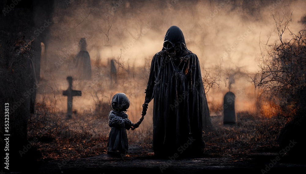 illustration the grim reaper and a little child made with generative ai illustration the grim reaper and a little child made with generative ai