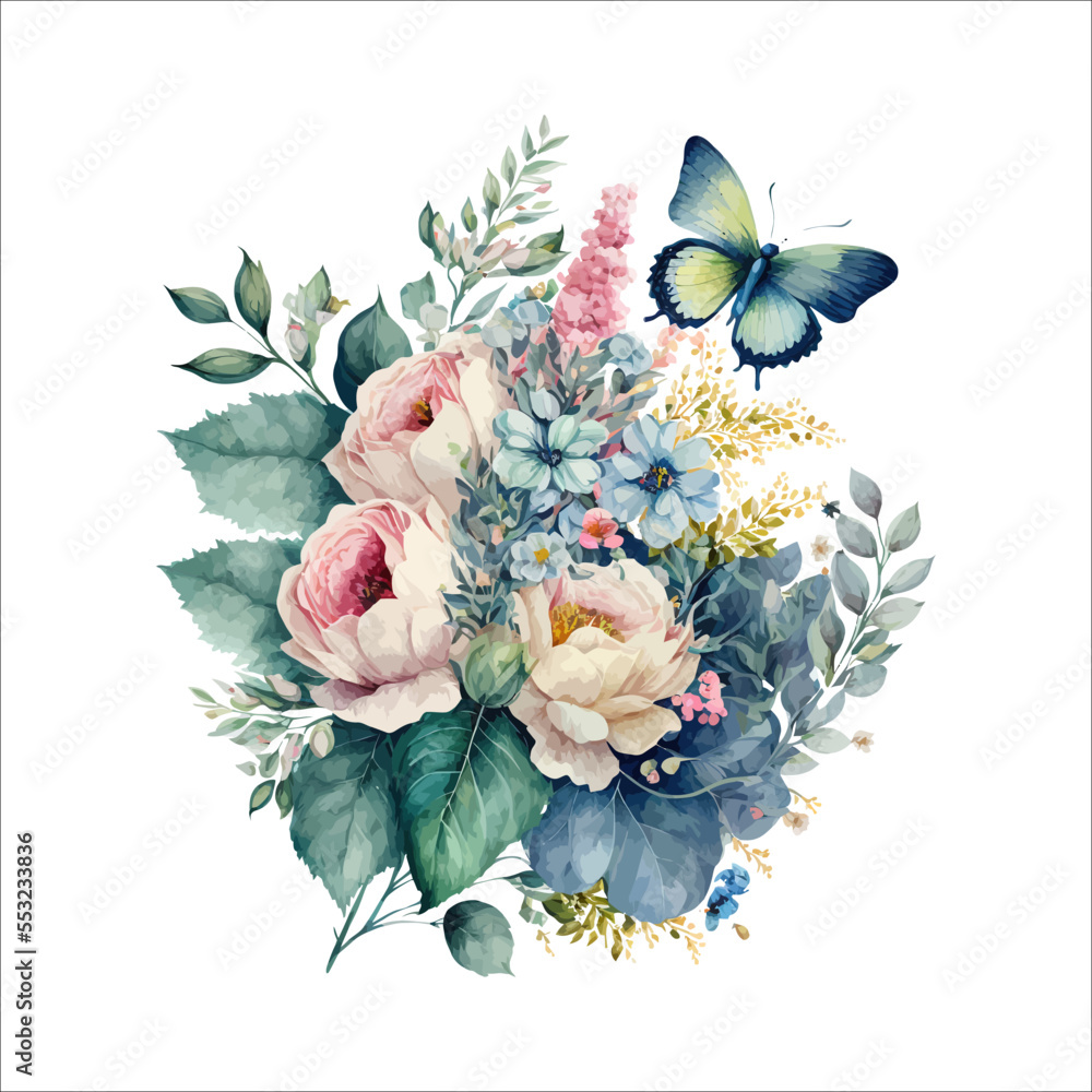 Premium Vector  Watercolor floral bouquet illustration with bright pink  vivid flowers green leaves decorative elements template flat cartoon  illustration isolated on white background