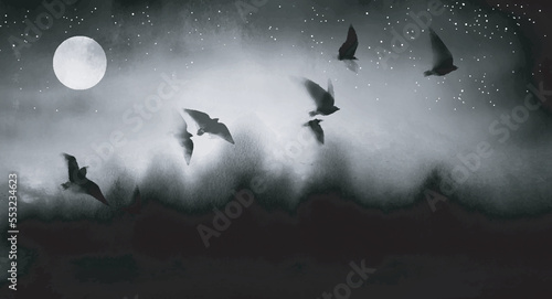 Dreamy tranquil landscape with the moon and flock of birds over the misty forest. Traditional Japanese ink wash painting sumi-e.