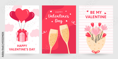 Collection of valentine’s day background set with champagne, flowers, baloon and gift. Editable vector illustration for website, invitation,postcard and sticker. Wording include Happy Valentine's Day.