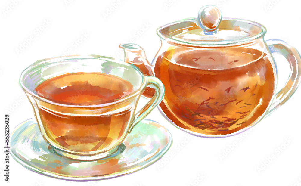 茶葉の舞うガラスのティーポットとティーカップの水彩イラスト 茶葉の舞うガラスのティーポットとティーカップの水彩イラスト