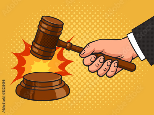 judge wooden gavel pinup pop art retro vector illustration. Comic book style imitation.