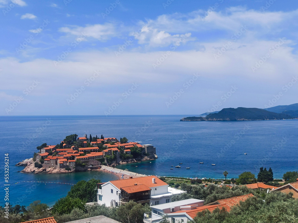 Beautiful view from above on Sveti Stefan island in Montenegro