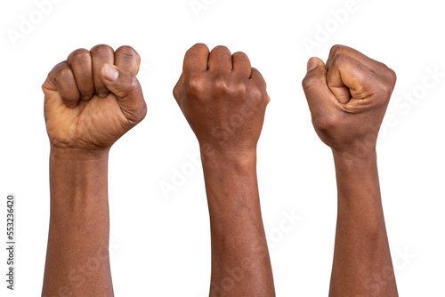 Holding fists up in the air isolated on white or transparent background photo