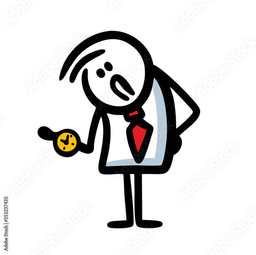 A sad man in a business suit looks at his watch in frustration and is late.