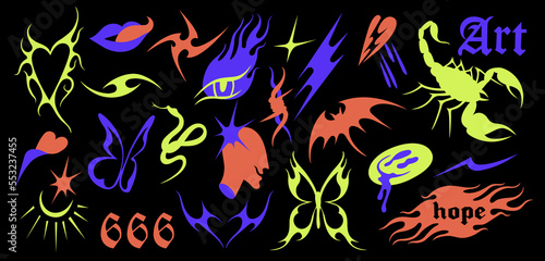 Vector set of Y2k icons or stickers. Brutalist design tattoo compositions or prints. Psychedelic style.