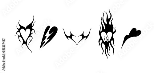 Vector set of Y2k icons or stickers with hearts. Brutalist design tattoo compositions or prints. Psychedelic style.
