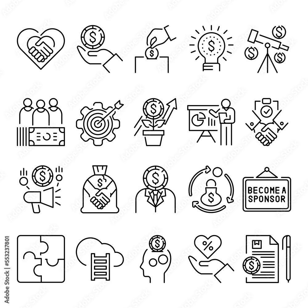 Fototapeta premium Sponsorship line icons set. Business crowdfunding