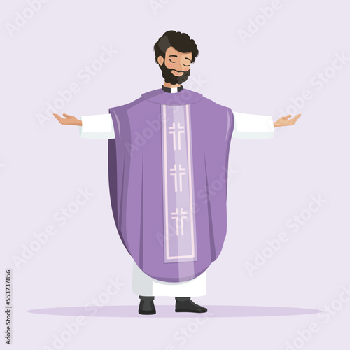 Young priest with purple chasuble praying with outstretchead arms