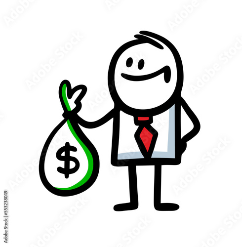 A satisfied man in a business suit holds a big bag full of money.