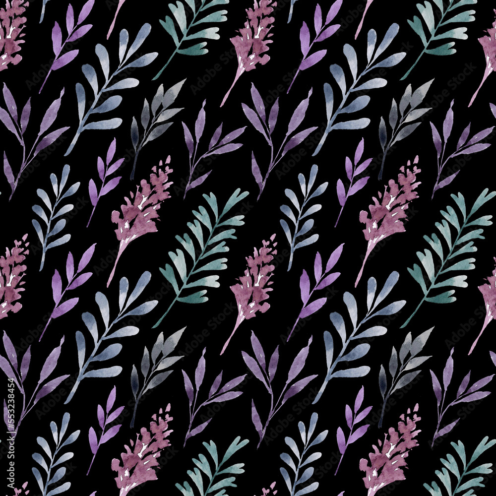 Watercolor seamless pattern with twigs and leaves of purple and green flowers. Hand drawn texture for design decoration. Watercolor seamless pattern with twigs and leaves of purple and green flowers. Hand drawn texture for design decoration.
