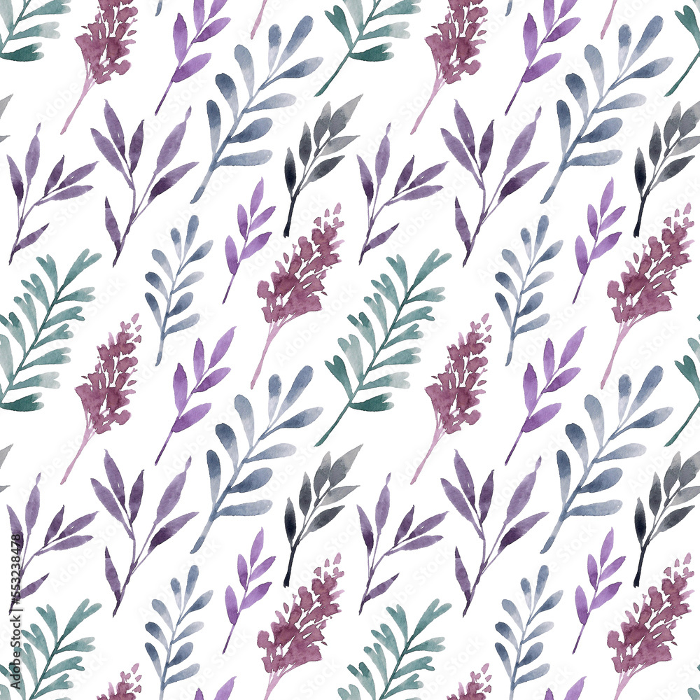 Watercolor seamless pattern with twigs and leaves of purple and green flowers. Hand drawn texture for design decoration. Watercolor seamless pattern with twigs and leaves of purple and green flowers. Hand drawn texture for design decoration.