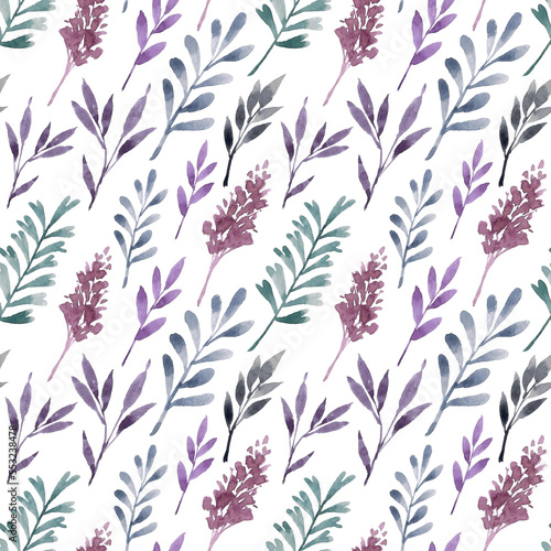 Watercolor seamless pattern with twigs and leaves of purple and green flowers. Hand drawn texture for design decoration.