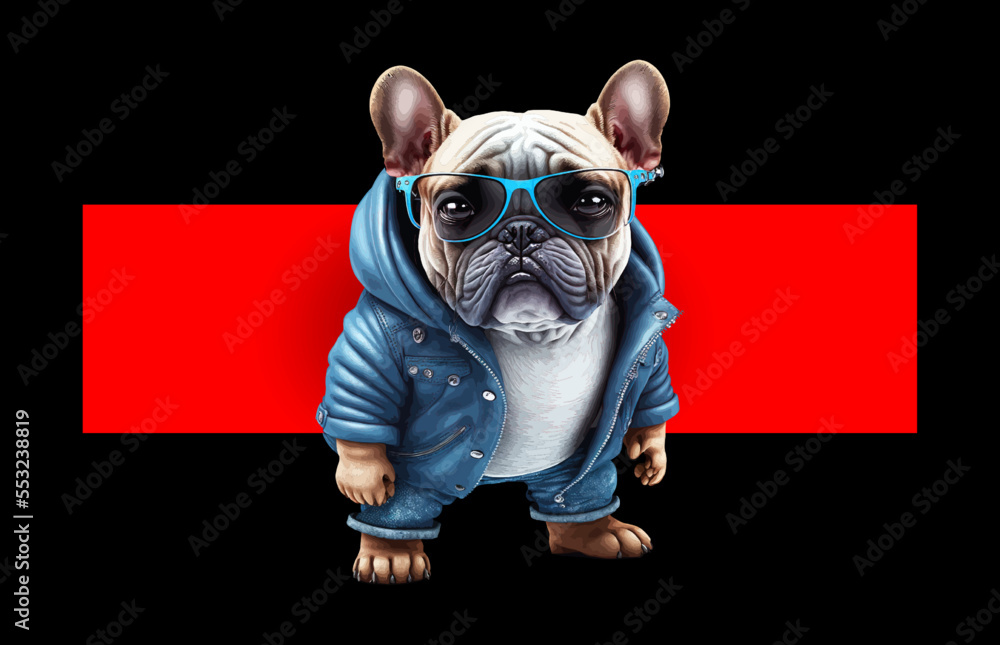 A boxer dog is standing in a blue jacket and sunglasses. Vector illustrator - obrazy, fototapety, plakaty 