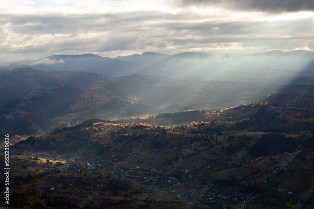 Sunrise in the Carpathian mountains. Autumn landscape in the morning. 