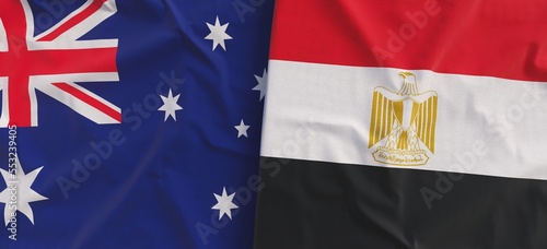 Flags of Australia and Egypt. Linen flag close-up. Flag made of canvas. Australian, Canberra, Sydney. Cairo, Africa. State symbol. 3d illustration.