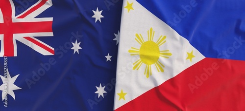Australia and Philippines flags. Linen flag close-up. Flag made of canvas. Australian, Canberra, Sydney. Manila, Asia. State symbol. 3d illustration.